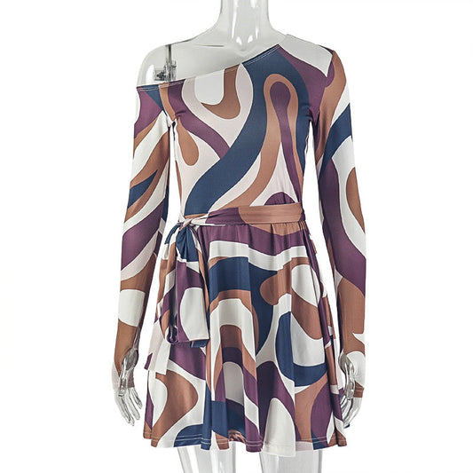 0Women Clothing Printed Elegant Light A line Dress Raglan Long Sleeve Tube Top off Neck Short Dress