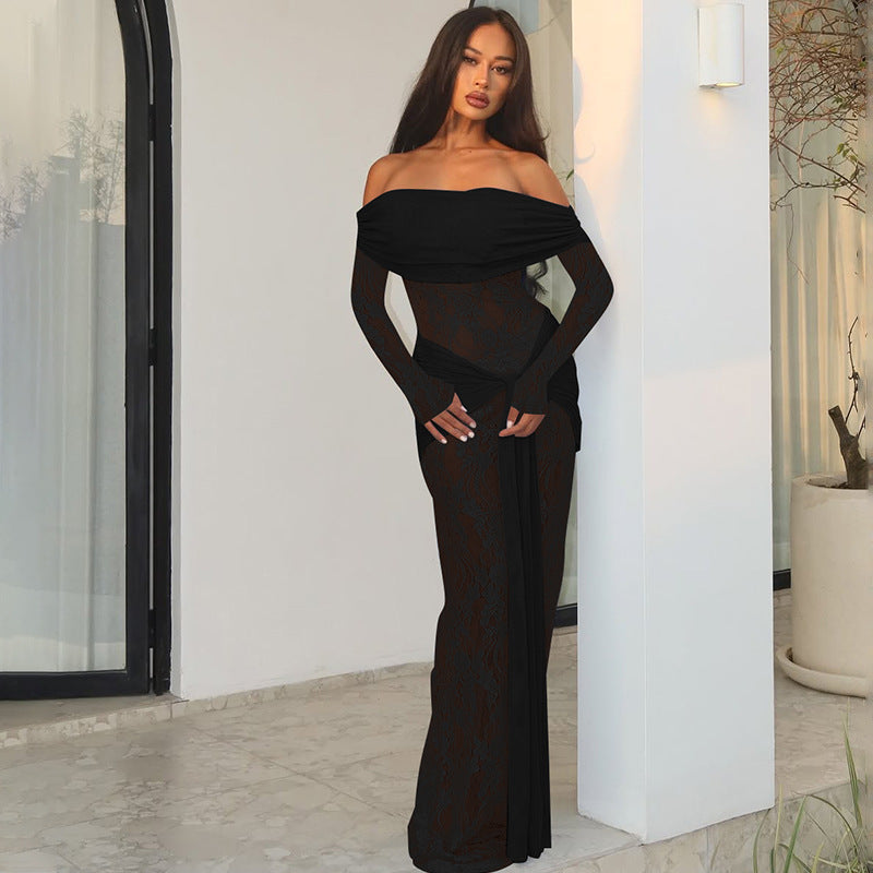 Women Clothing Autumn Elegant Lace Patchwork Maxi Dress off Shoulder Long Sleeve Tied Dress