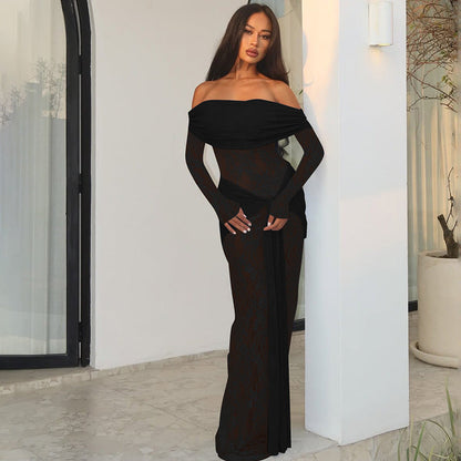 Women Clothing Autumn Elegant Lace Patchwork Maxi Dress off Shoulder Long Sleeve Tied Dress