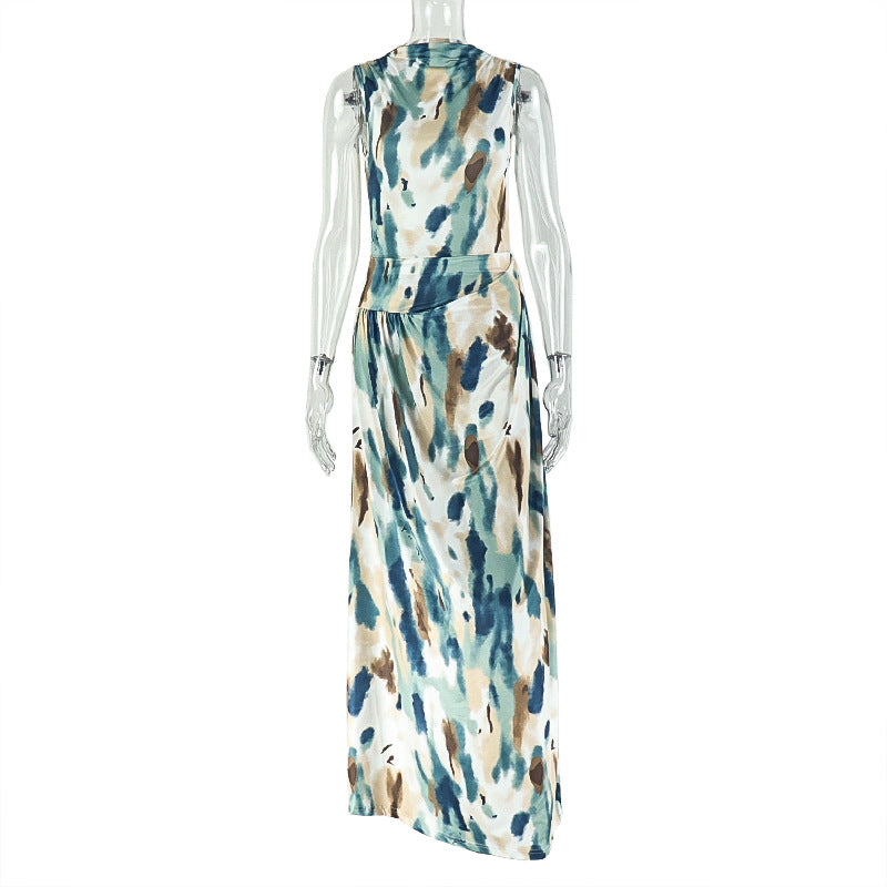 Color Matching Women Printed Wear Stylish Comfortable Loose Hip Dress Pleated Waist Maxi Dress