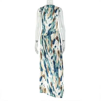 Color Matching Women Printed Wear Stylish Comfortable Loose Hip Dress Pleated Waist Maxi Dress