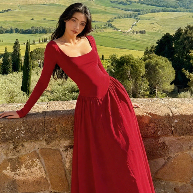 French Hepburn Elegant Dress Fashionable Solid Color Backless Cross Tied Slim Fit Maxi Dress Women