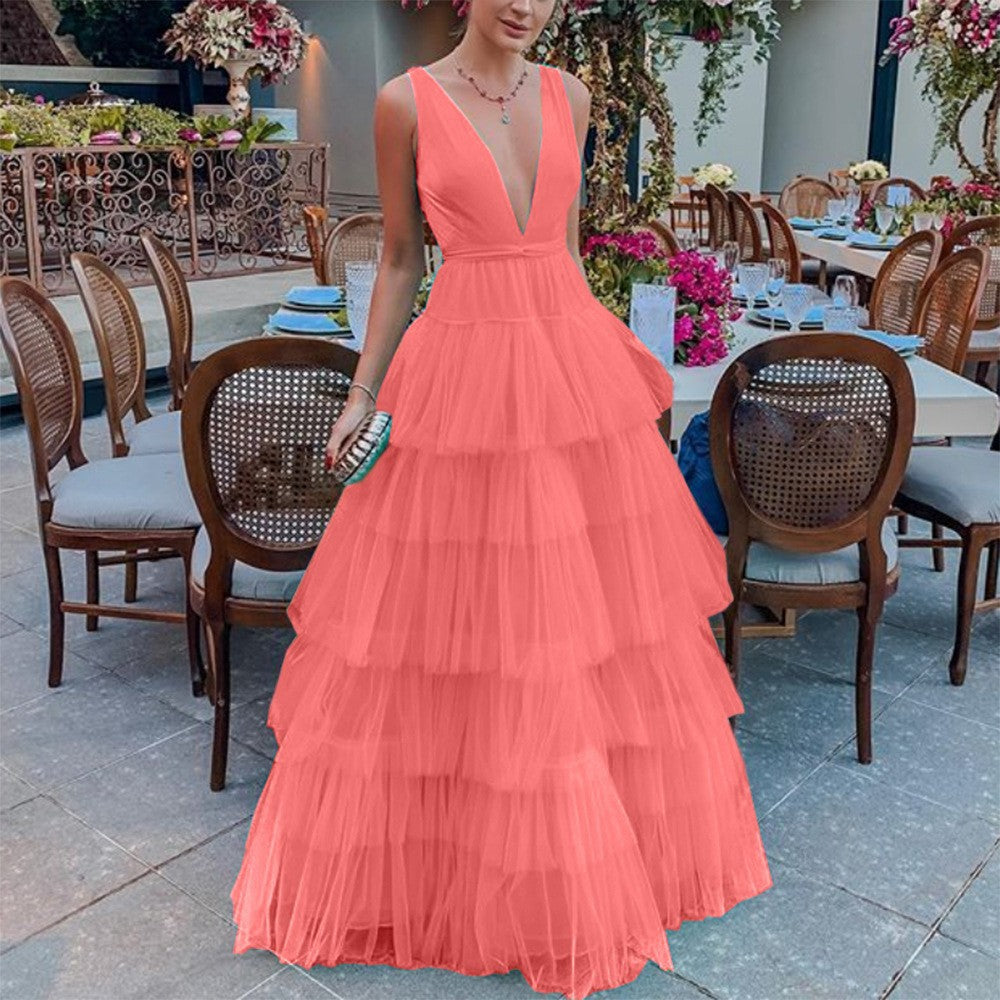 Summer Women Clothing Dress Net Yarn Cake Dress V neck Brace Evening Dress