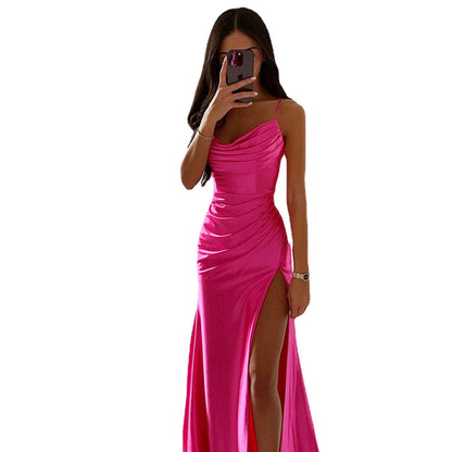 Women Spring Tube Top Pleated Slit Satin Dress Sexy Slim Hip Dress
