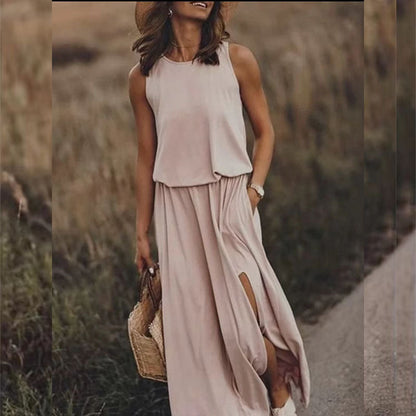 Summer Holiday Solid Color round Neck Sleeveless Suspender Lantern Fork Dress Maxi Dress