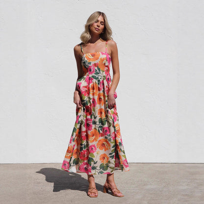 Dress Printed Slim Strap Dress Vacation A Swing Dress for Women