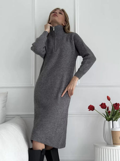 Turtleneck Half Zipper Woolen Dress Women Autumn Winter Loose Inner Wear Base Knitting Dress