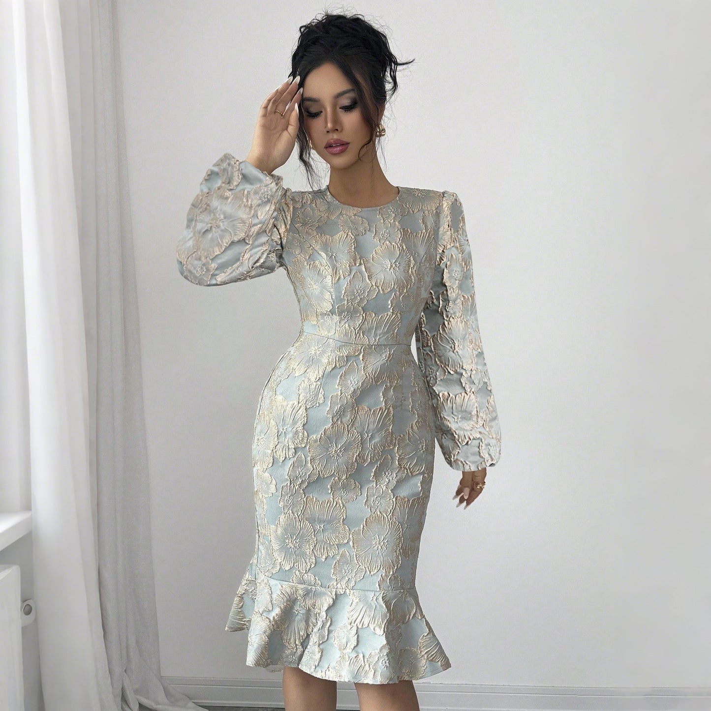 Printed Dress Spring Autumn Lantern Sleeve Fishtail round Neck Elegant Slim Fit Dress