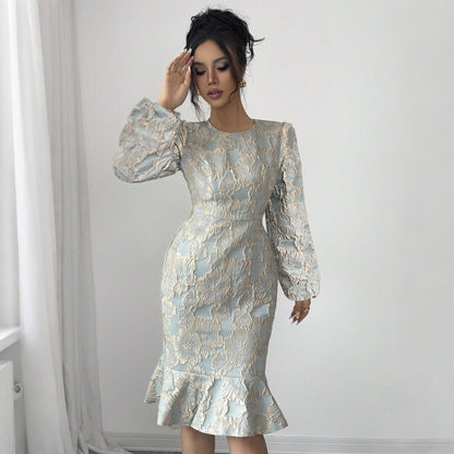 Printed Dress Spring Autumn Lantern Sleeve Fishtail round Neck Elegant Slim Fit Dress