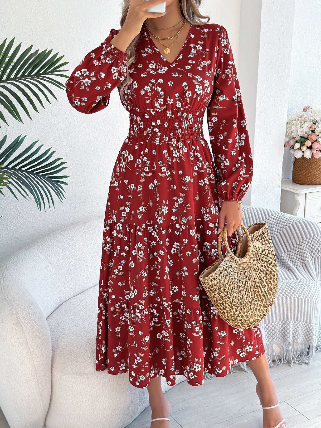 Autumn Winter Elegant Floral V neck Long Sleeve Waist Trimming Ruffles A line Women Clothing