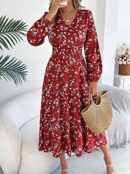 Autumn Winter Elegant Floral V neck Long Sleeve Waist Trimming Ruffles A line Women Clothing