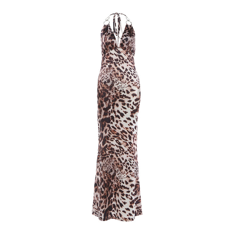 Spring Women Leopard Print Printed Sexy Slim Fit Backless Halter Dress