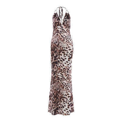 Spring Women Leopard Print Printed Sexy Slim Fit Backless Halter Dress