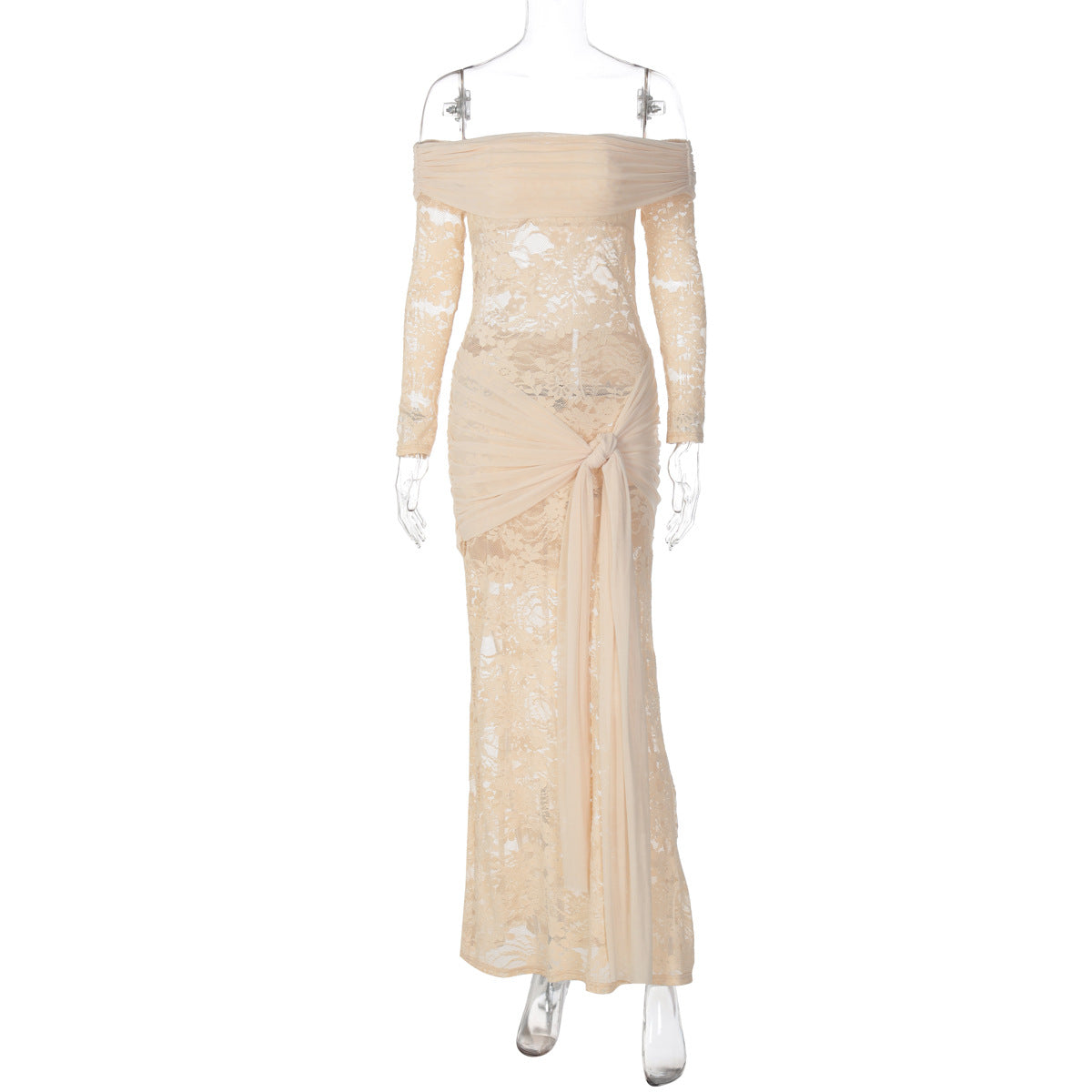 Women Clothing Autumn Elegant Lace Patchwork Maxi Dress off Shoulder Long Sleeve Tied Dress