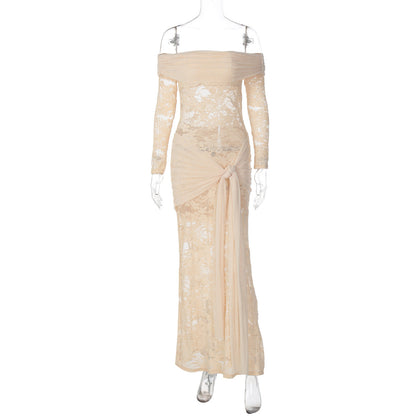 Women Clothing Autumn Elegant Lace Patchwork Maxi Dress off Shoulder Long Sleeve Tied Dress