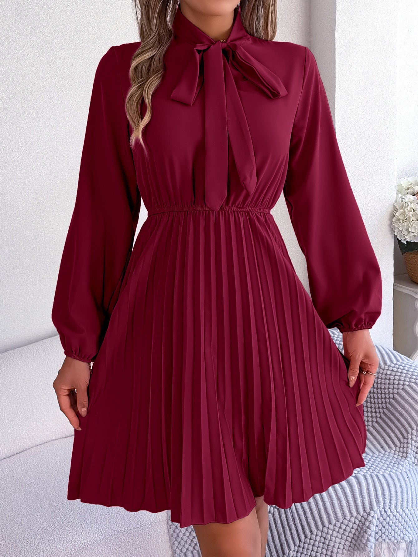 Autumn Winter Elegant Tied Waist Controlled Long Sleeves Pleated Dress Women Clothing
