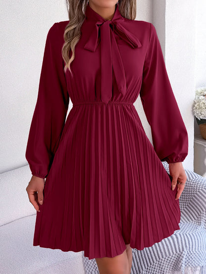 Autumn Winter Elegant Tied Waist Controlled Long Sleeves Pleated Dress Women Clothing