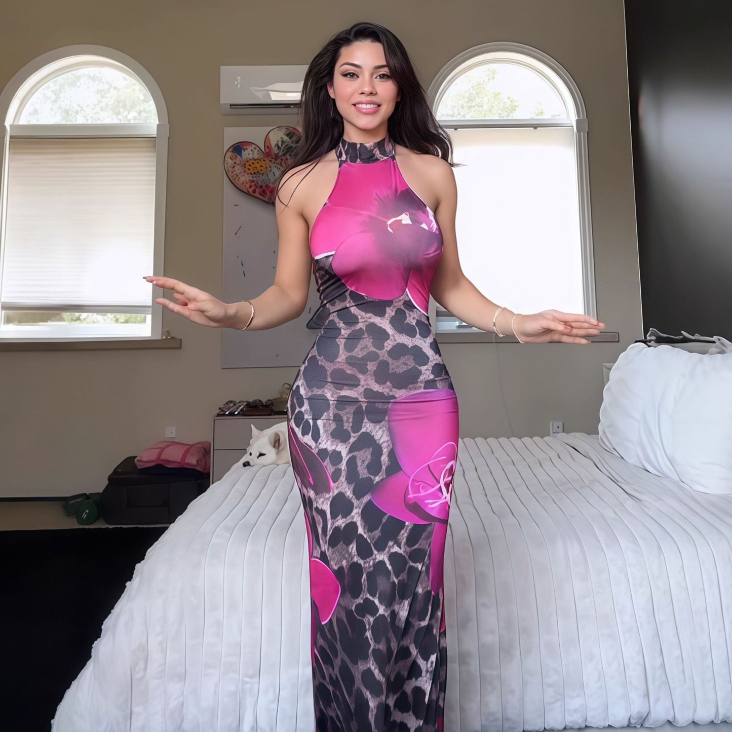 Summer Women Clothing Sexy Leopard Print round Neck Backless Slim Fit Sheath Dress