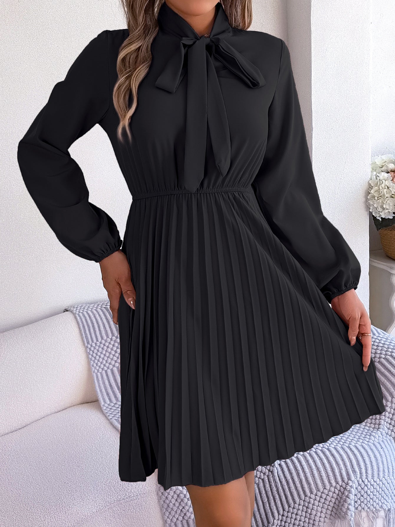 Autumn Winter Elegant Tied Waist Controlled Long Sleeves Pleated Dress Women Clothing