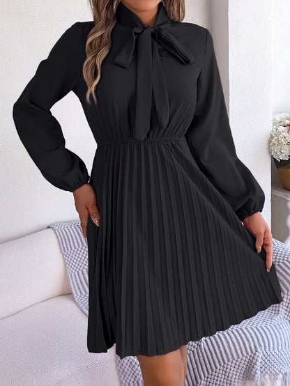 Autumn Winter Elegant Tied Waist Controlled Long Sleeves Pleated Dress Women Clothing