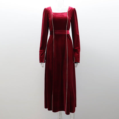 Autumn Winter Party Dress French Ladies Dress Korean Velvet Bell Sleeve Square Collar A line Dress Women