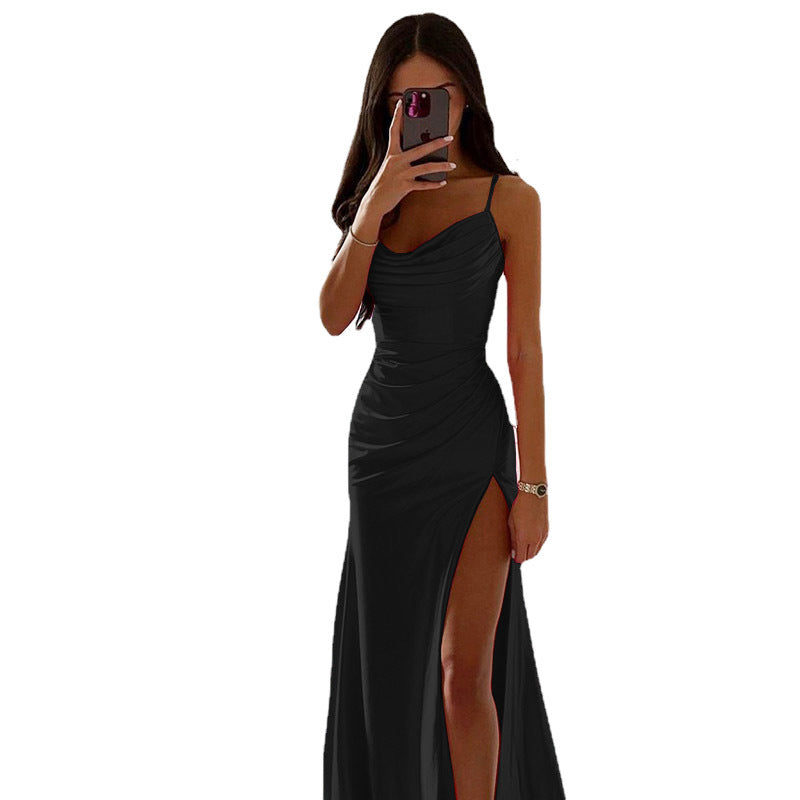 Women Spring Tube Top Pleated Slit Satin Dress Sexy Slim Hip Dress