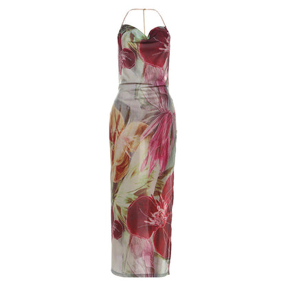 Winter Sexy Waist Trimming Backless Self Tie Dress Halter Split Dress