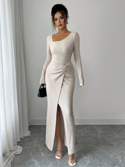 Autumn Winter Irregular Asymmetric Neckline Solid Color Knitted Texture Maxi Dress Women