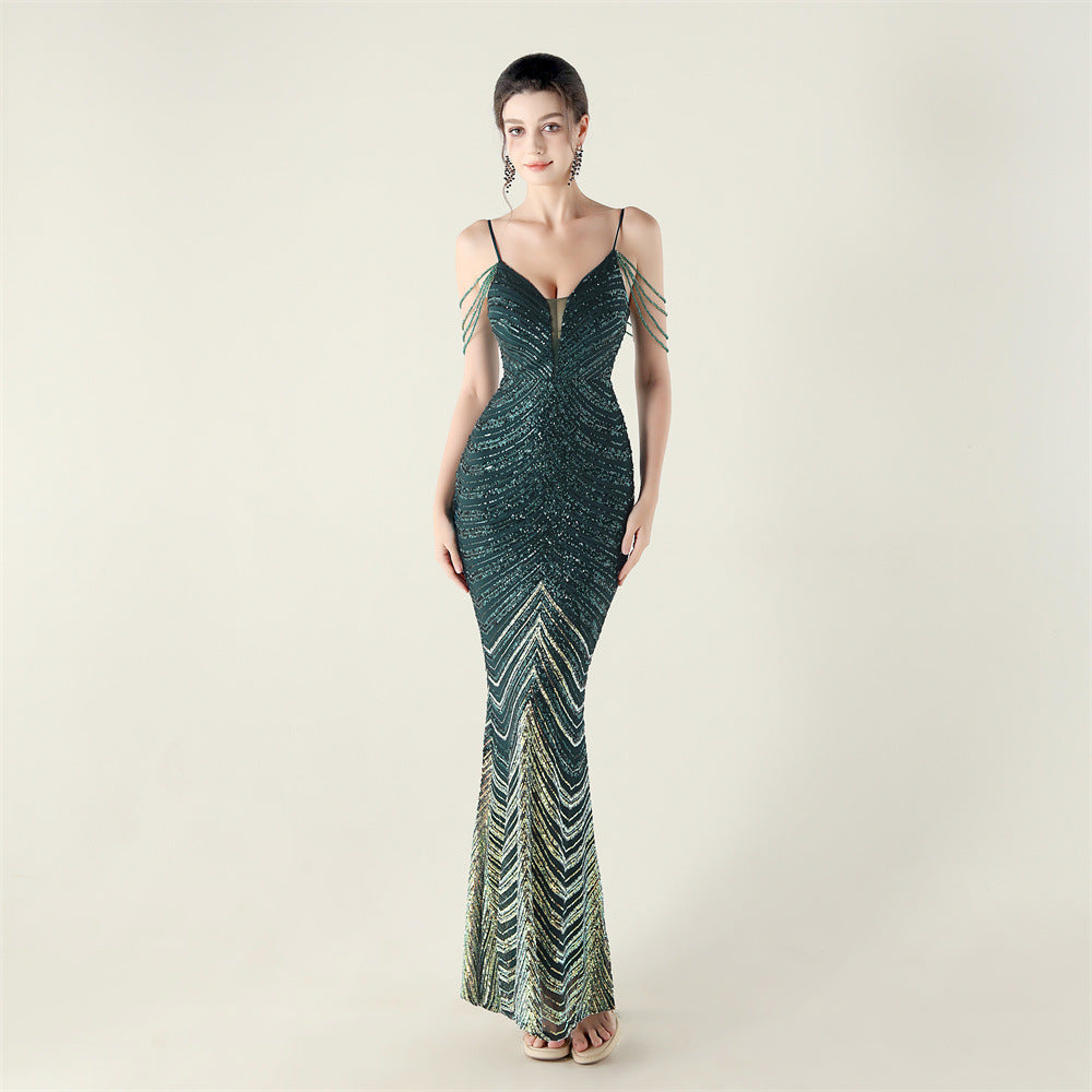 Deep V Plunge neck Wave Gradient Sequin Evening Dress Positioning Floral Cutting Craft Beaded Cocktail Battle Gown