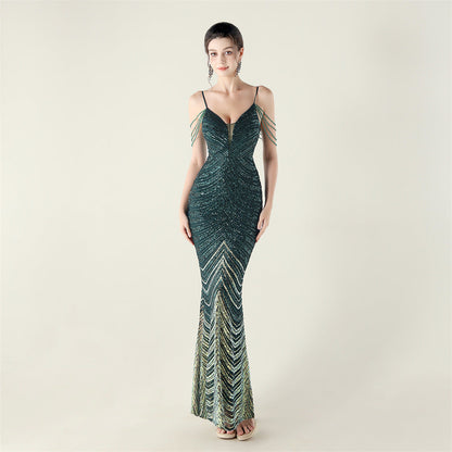 Deep V Plunge neck Wave Gradient Sequin Evening Dress Positioning Floral Cutting Craft Beaded Cocktail Battle Gown