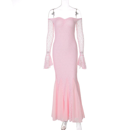Dress Sexy Bandeau Stitching Lace Sleeve Slim Long Fishtail Evening Dress