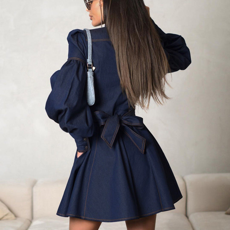 Denim Shirt Dress Niche Design Lantern Sleeve Lace up Graceful Fashionable Dress