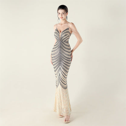 Deep V Plunge neck Wave Gradient Sequin Evening Dress Positioning Floral Cutting Craft Beaded Cocktail Battle Gown