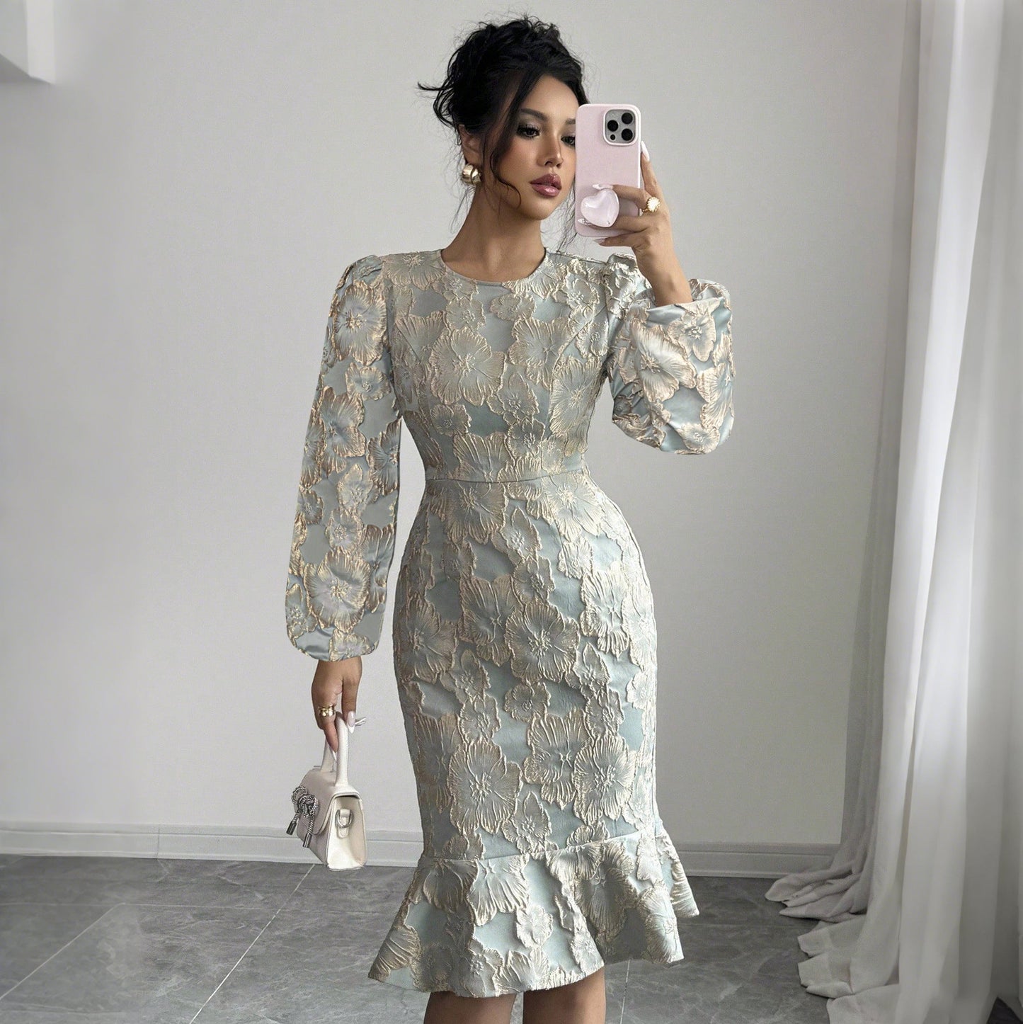 Printed Dress Spring Autumn Lantern Sleeve Fishtail round Neck Elegant Slim Fit Dress