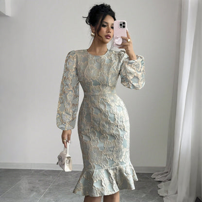 Printed Dress Spring Autumn Lantern Sleeve Fishtail round Neck Elegant Slim Fit Dress