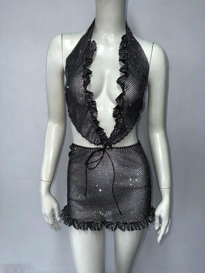 Women Clothing Sexy Dress Halterneck Dress Rhinestone Elastic Hip Dress Sexy Dress