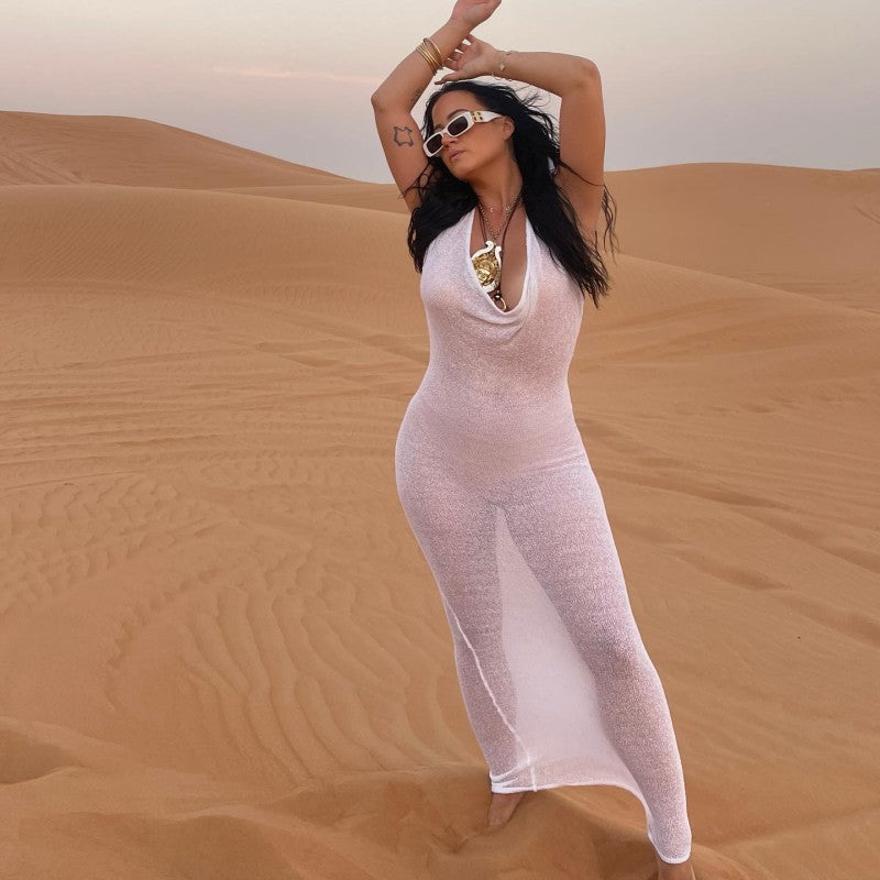 Summer Solid Color Sleeveless Hooded Swing Collar Sexy Slim Maxi Dress