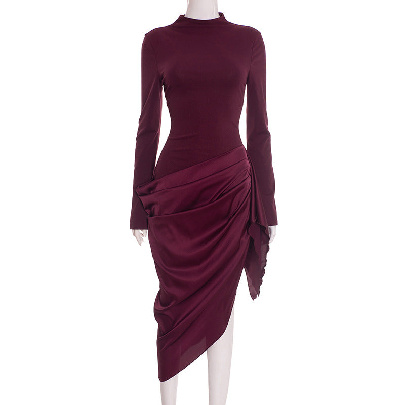 Women Clothing Autumn Winter Elegant Solid Color Waist Tight Irregular Asymmetric Oblique Swing Mid Length Dress
