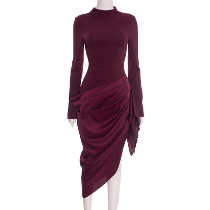 Women Clothing Autumn Winter Elegant Solid Color Waist Tight Irregular Asymmetric Oblique Swing Mid Length Dress