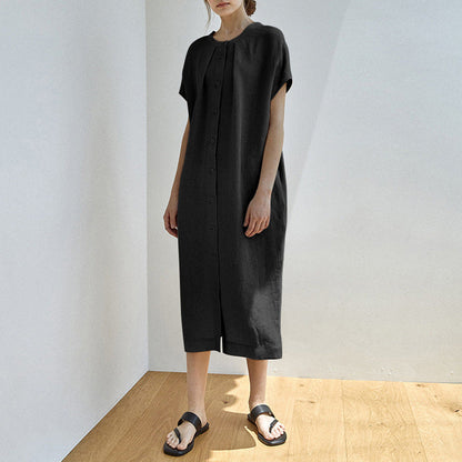 Summer Pure Linen Dress Loose Lazy Waist Lace up Midi Dress