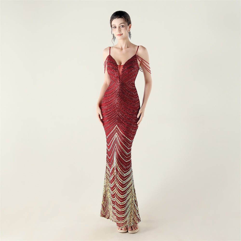 Deep V Plunge neck Wave Gradient Sequin Evening Dress Positioning Floral Cutting Craft Beaded Cocktail Battle Gown