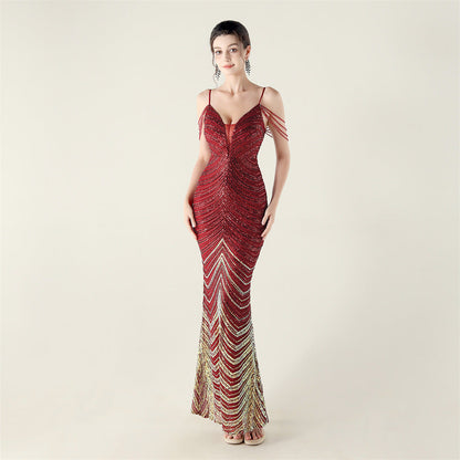 Deep V Plunge neck Wave Gradient Sequin Evening Dress Positioning Floral Cutting Craft Beaded Cocktail Battle Gown