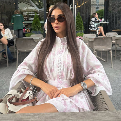 French Short Print Elegant Dress for Women Stand up Collar Flared Sleeves Single Breasted Lace up A line Dress