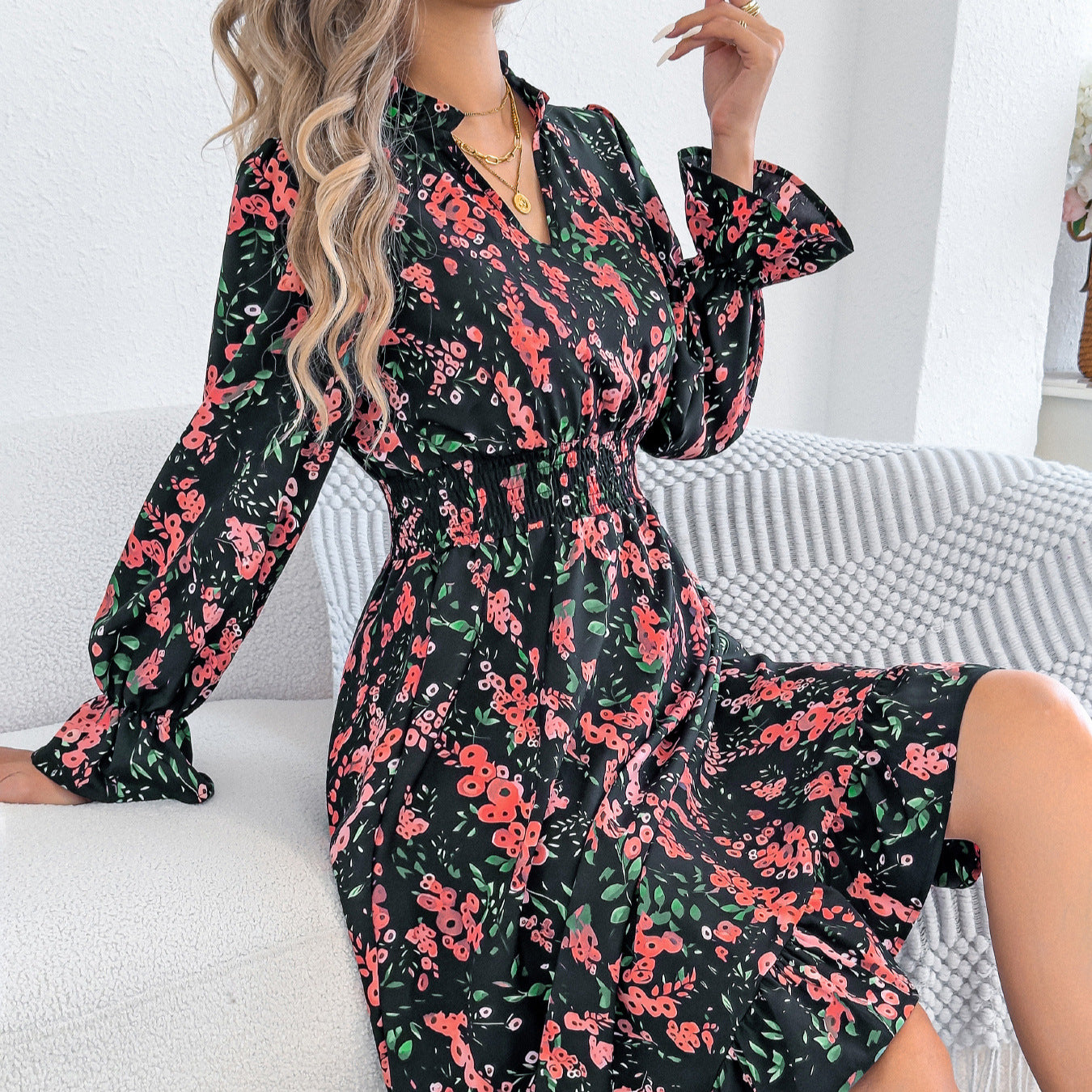 Women Clothing Spring Summer Casual Floral Flared Sleeve Waist A line Dress
