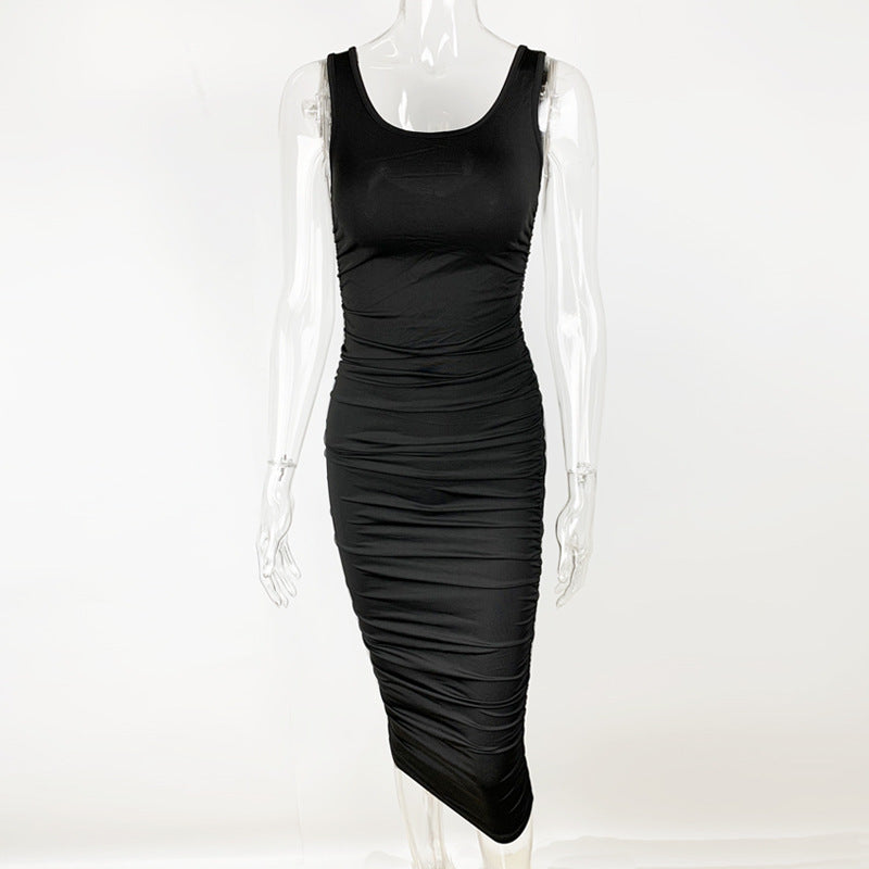 Summer Sexy Women Wear Solid Color Tight Backless Sleeveless Pleated Dress