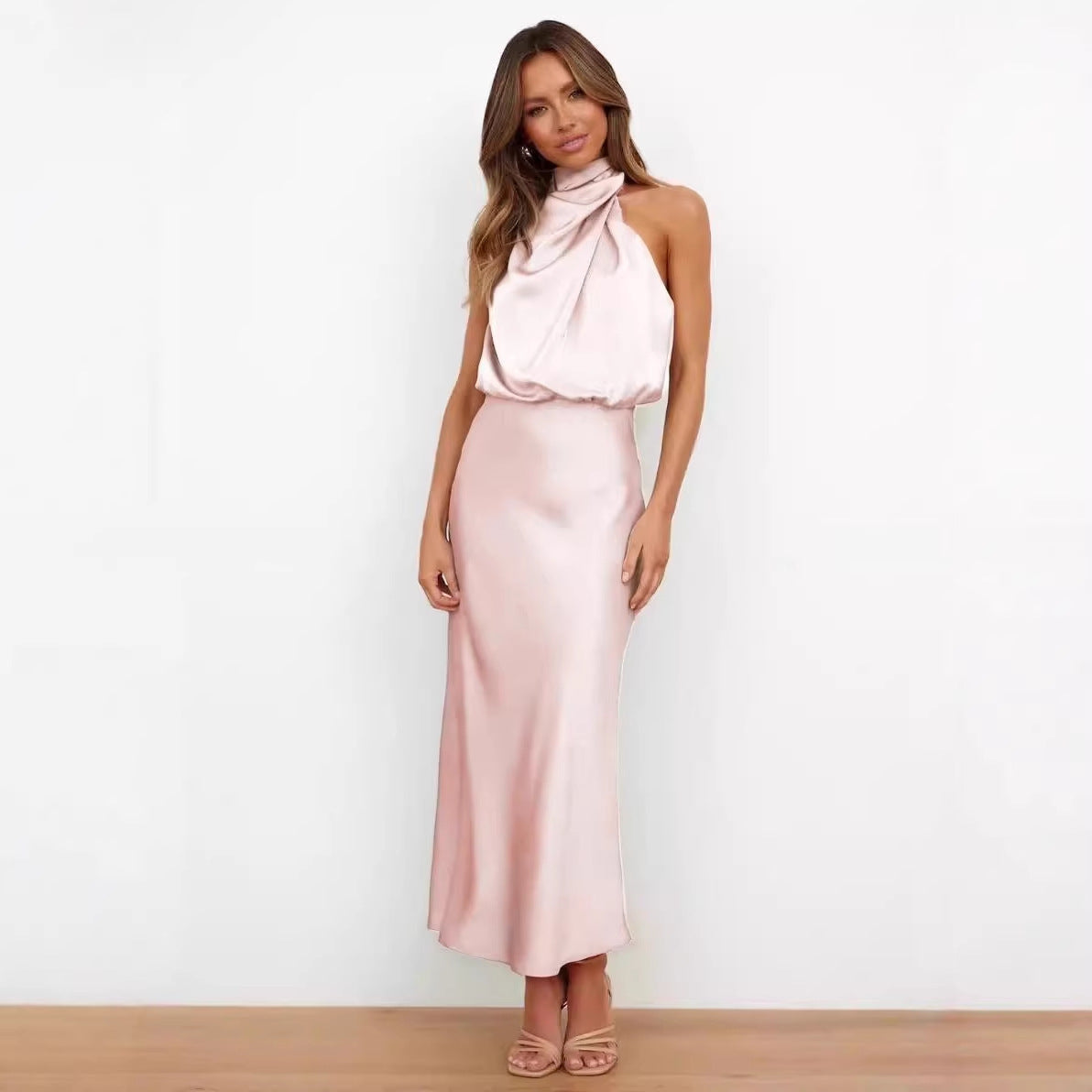 Spring Summer Solid Color High Grade Satin Sleeveless Dress Elegant Graceful Light Footwear