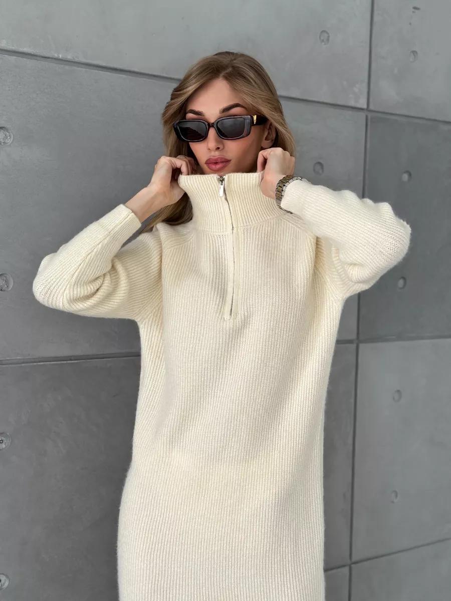 Turtleneck Half Zipper Woolen Dress Women Autumn Winter Loose Inner Wear Base Knitting Dress
