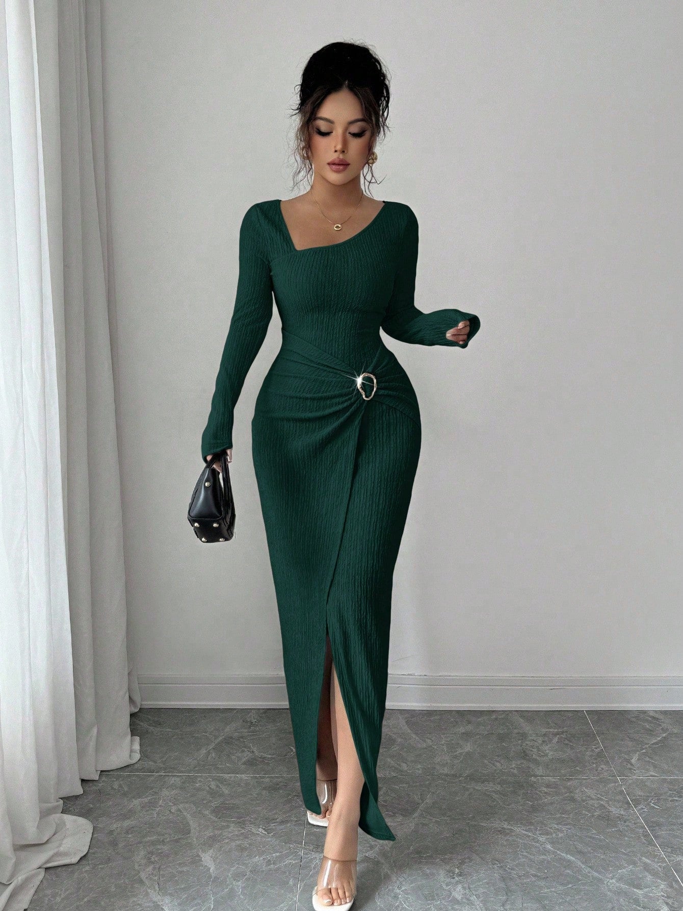 Autumn Winter Irregular Asymmetric Neckline Solid Color Knitted Texture Maxi Dress Women