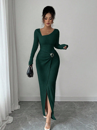 Autumn Winter Irregular Asymmetric Neckline Solid Color Knitted Texture Maxi Dress Women
