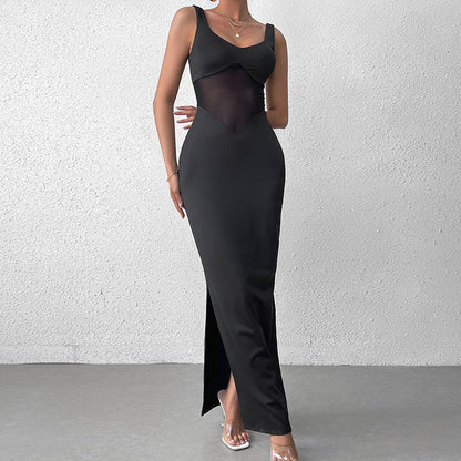 Milk Silk Stitching Mesh Cami Dress Sexy Split Backless Formal Dress Maxi Dress